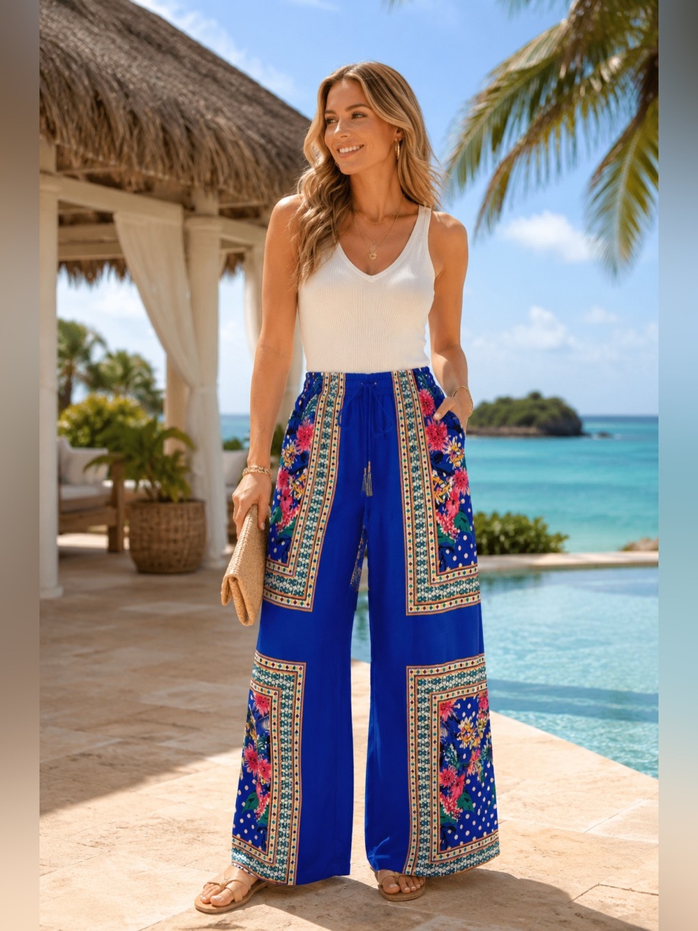 Flying Tomato Royal Blue Floral Border Palazzo pants